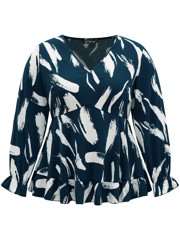 Plus Size Women Work Graffiti Elastic cuffs Lantern Sleeve Long Sleeve V-neck Office Blouses BloomChic 