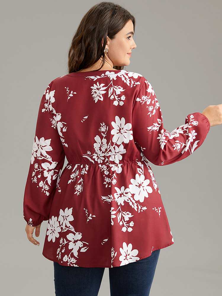 

Plus Size Scarlet Silhouette Floral Print Elastic Waist Cut Out Blouse Women Elegant Long Sleeve Round Neck Dailywear Blouses BloomChic