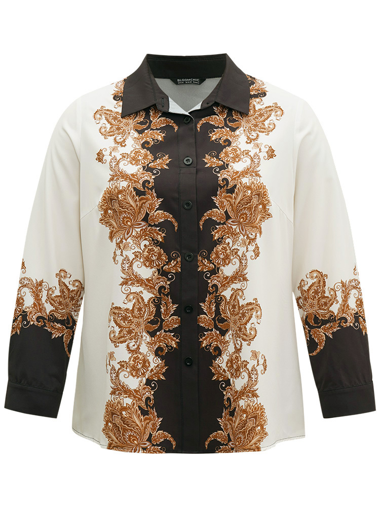 Plus Size Multicolor Boho Print Contrast Shirt Collar Blouse Women Vacation Long Sleeve Shirt collar Vacation Blouses BloomChic 18-20/2X 