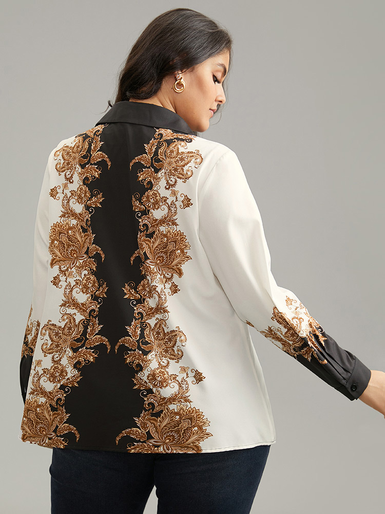 Plus Size Multicolor Boho Print Contrast Shirt Collar Blouse Women Vacation Long Sleeve Shirt collar Vacation Blouses BloomChic 18-20/2X 