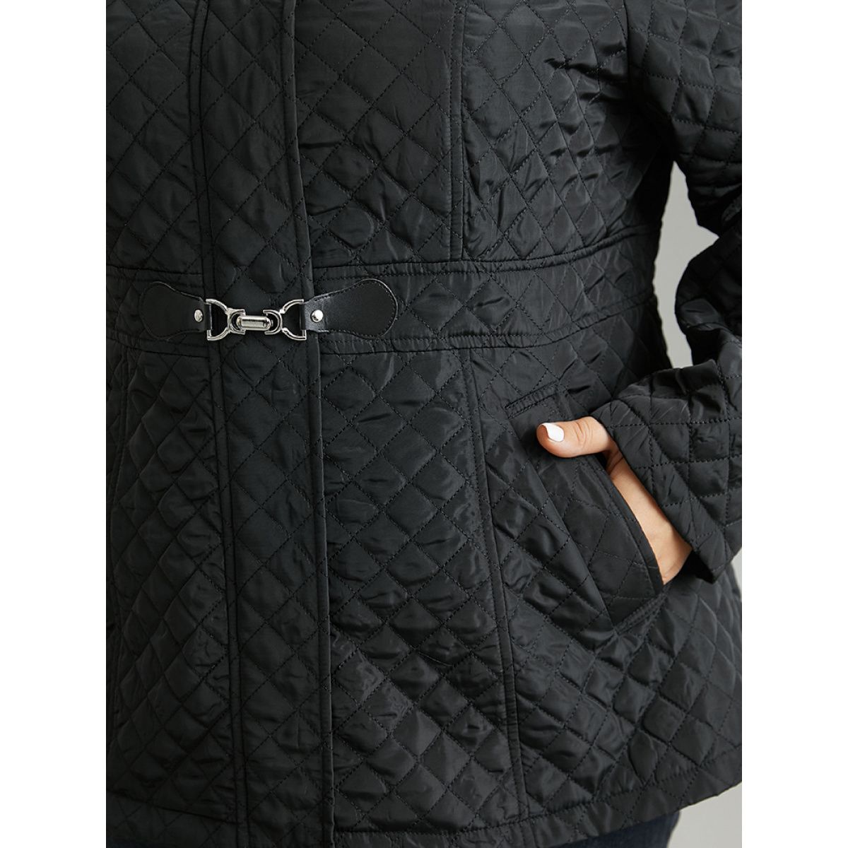

Plus Size Solid Buckle Detail Zipper Quilted Coat Women Black Casual Texture Ladies Everyday Winter Coats BloomChic