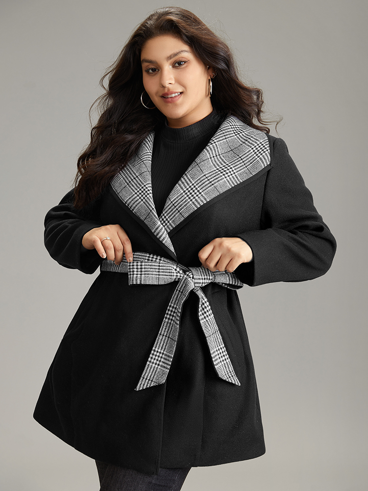 

Plus Size Lapel Collar Patchwork Belted Contrast Coat Women Black Casual Lined Ladies Everyday Winter Coats BloomChic