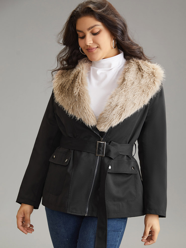 

Plus Size Fuzzy Trim Patchwork Zipper Belted Lapel Collar Coat Women Black Casual Lined Ladies Dailywear Winter Coats BloomChic