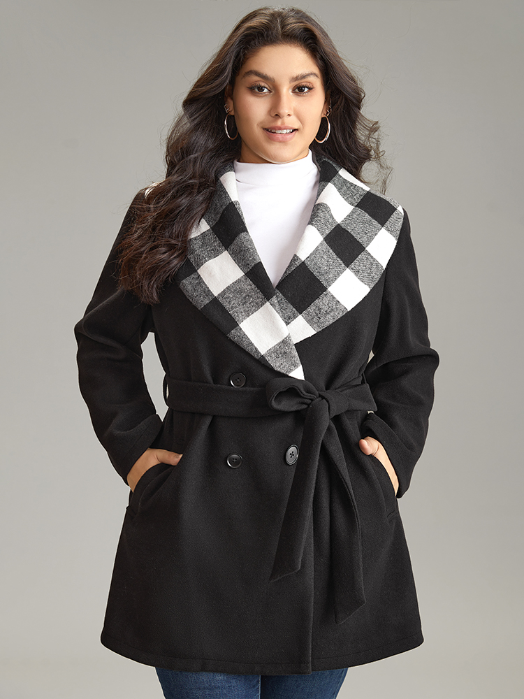 

Plus Size Plaid Lapel Collar Pocket Belted Coat Women Black Casual Lined Ladies Dailywear Winter Coats BloomChic