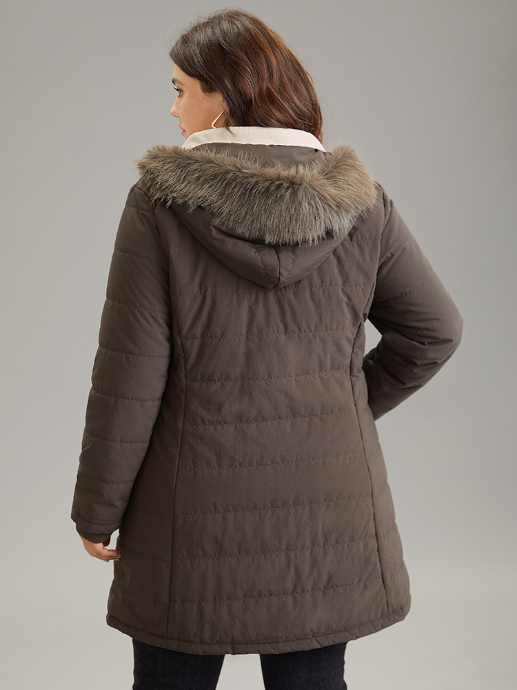 Plus Size Contrast Pocket Fuzzy Detail Zipper Fly Coat Women DarkBrown Casual Rib Knit Ladies Dailywear Winter Coats BloomChic 12/L 