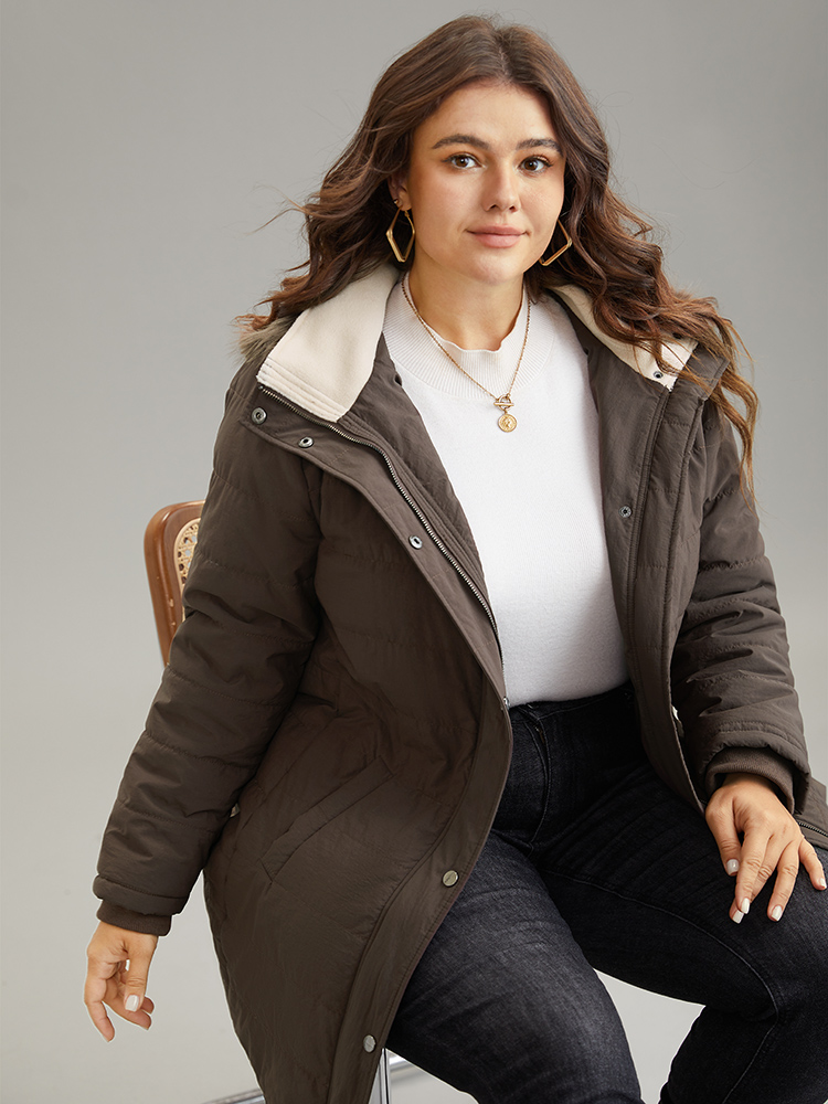 Plus Size Contrast Pocket Fuzzy Detail Zipper Fly Coat Women DarkBrown Casual Rib Knit Ladies Dailywear Winter Coats BloomChic 12/L 