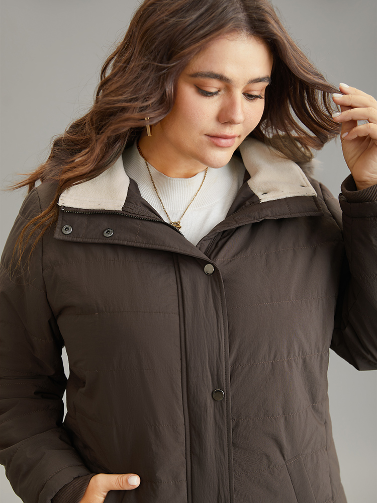 Plus Size Contrast Pocket Fuzzy Detail Zipper Fly Coat Women DarkBrown Casual Rib Knit Ladies Dailywear Winter Coats BloomChic 12/L 