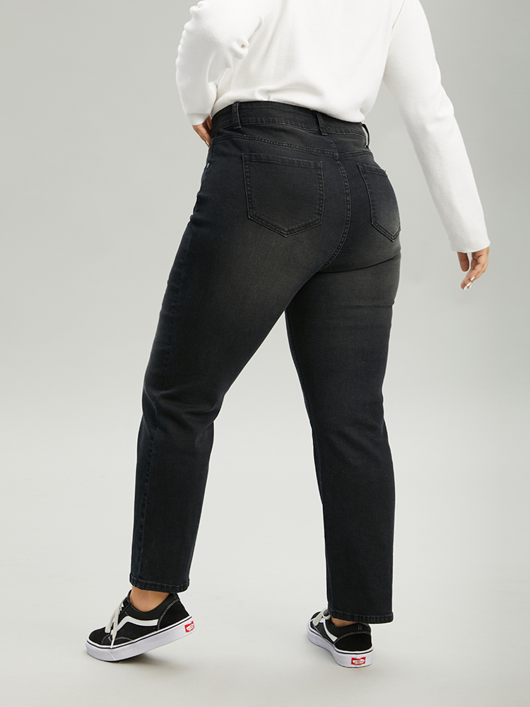 Plus Size Vintage Black Wash Straight Leg Jeans Women Black Casual Plain Plain High stretch Pocket Jeans BloomChic 26/4X 