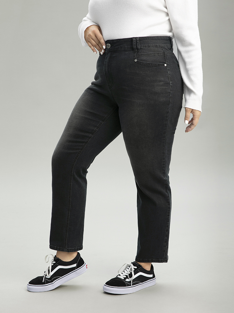 Plus Size Vintage Black Wash Straight Leg Jeans Women Black Casual Plain Plain High stretch Pocket Jeans BloomChic 26/4X 