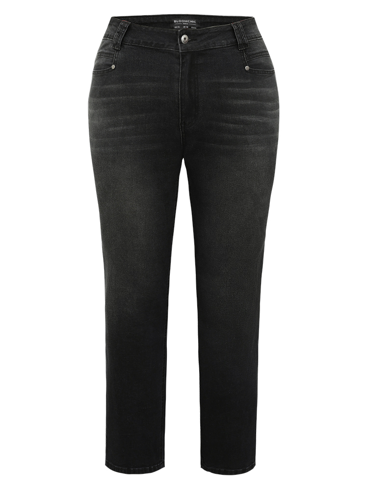 Plus Size Vintage Black Wash Straight Leg Jeans Women Black Casual Plain Plain High stretch Pocket Jeans BloomChic 26/4X 