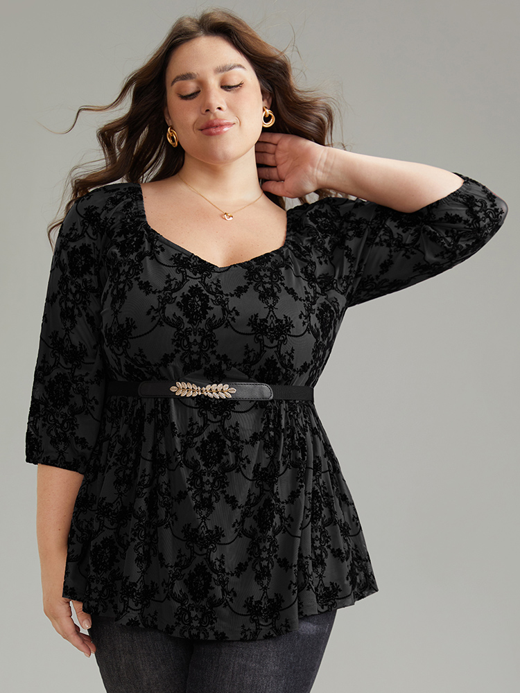 

Plus Size Black Silhouette Floral Print Contrast Flocking Square Neck Blouse Women Elegant Elbow-length sleeve Square Neck Everyday Blouses BloomChic