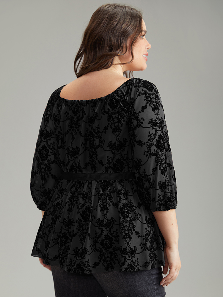 

Plus Size Black Silhouette Floral Print Contrast Flocking Square Neck Blouse Women Elegant Elbow-length sleeve Square Neck Everyday Blouses BloomChic