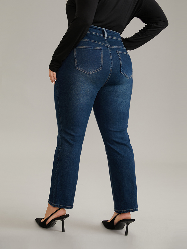 Plus Size Contrast Patchwork Dark Wash Straight Leg Jeans Women Indigo Casual Plain Contrast High stretch Pocket Jeans BloomChic 20/2X 