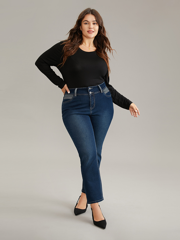Plus Size Contrast Patchwork Dark Wash Straight Leg Jeans Women Indigo Casual Plain Contrast High stretch Pocket Jeans BloomChic 20/2X 