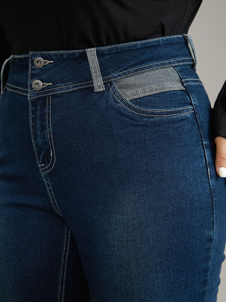 Plus Size Contrast Patchwork Dark Wash Straight Leg Jeans Women Indigo Casual Plain Contrast High stretch Pocket Jeans BloomChic 20/2X 
