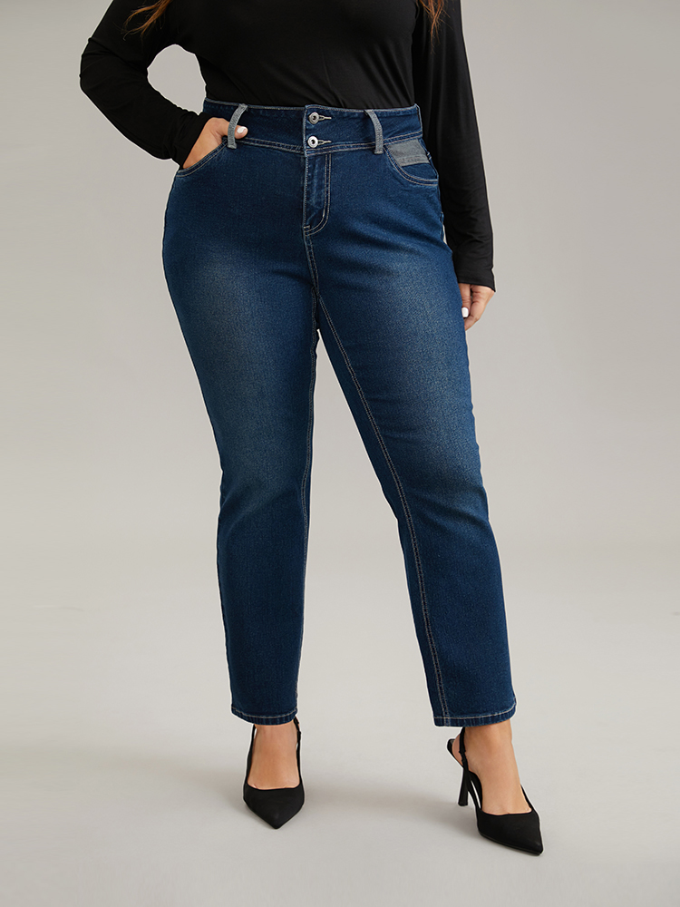 Plus Size Contrast Patchwork Dark Wash Straight Leg Jeans Women Indigo Casual Plain Contrast High stretch Pocket Jeans BloomChic 20/2X 