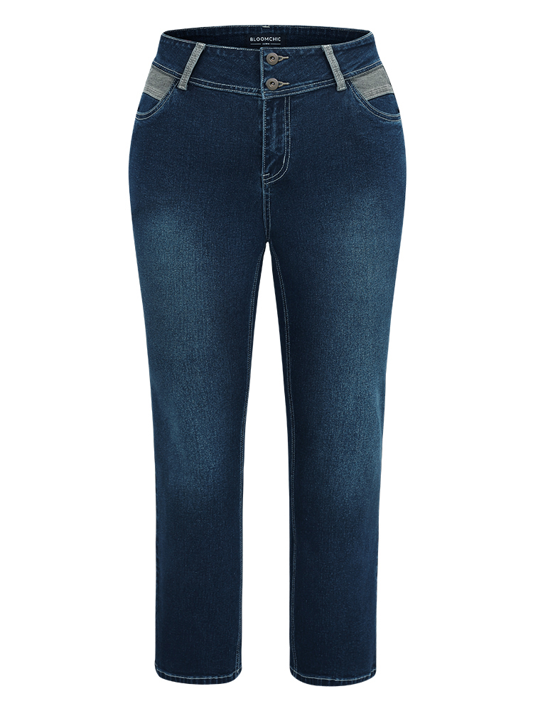 Plus Size Contrast Patchwork Dark Wash Straight Leg Jeans Women Indigo Casual Plain Contrast High stretch Pocket Jeans BloomChic 20/2X 