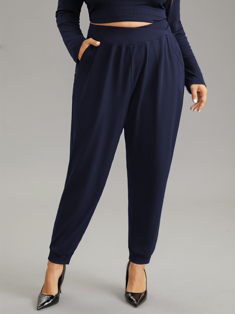 

Plus Size Crossover Plain Texture High Rise Pants Women DarkBlue Casual High Rise Everyday Pants BloomChic