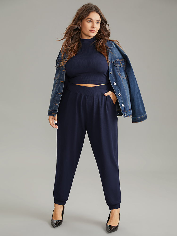 

Plus Size Crossover Plain Texture High Rise Pants Women DarkBlue Casual High Rise Everyday Pants BloomChic