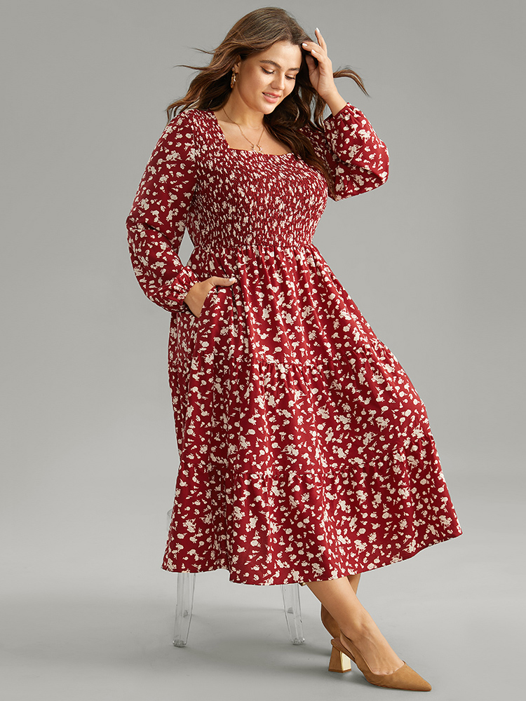 

Plus Size Ditsy Floral Square Neck Shirred Gathered Dress Scarlet Women Casual Elastic cuffs Square Neck Long Sleeve Curvy Midi Dress BloomChic