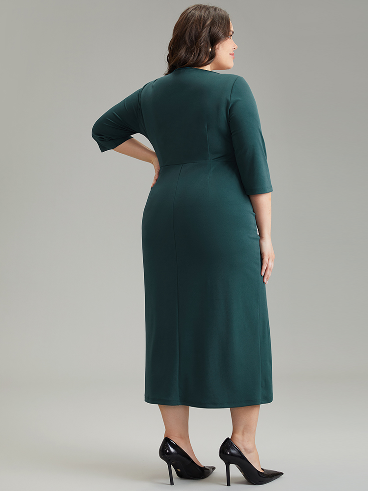 Plus Size Solid Notched Pleated Wrap Hem Dress Cyan Women Elegant Wrap Notched collar Elbow-length sleeve Curvy Midi Dress BloomChic 18-20/2X 