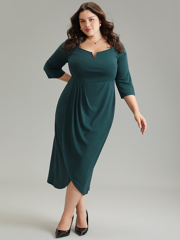 Plus Size Solid Notched Pleated Wrap Hem Dress Cyan Women Elegant Wrap Notched collar Elbow-length sleeve Curvy Midi Dress BloomChic 18-20/2X 