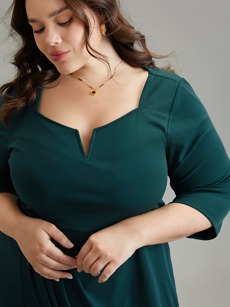 Plus Size Solid Notched Pleated Wrap Hem Dress Cyan Women Elegant Wrap Notched collar Elbow-length sleeve Curvy Midi Dress BloomChic 18-20/2X 