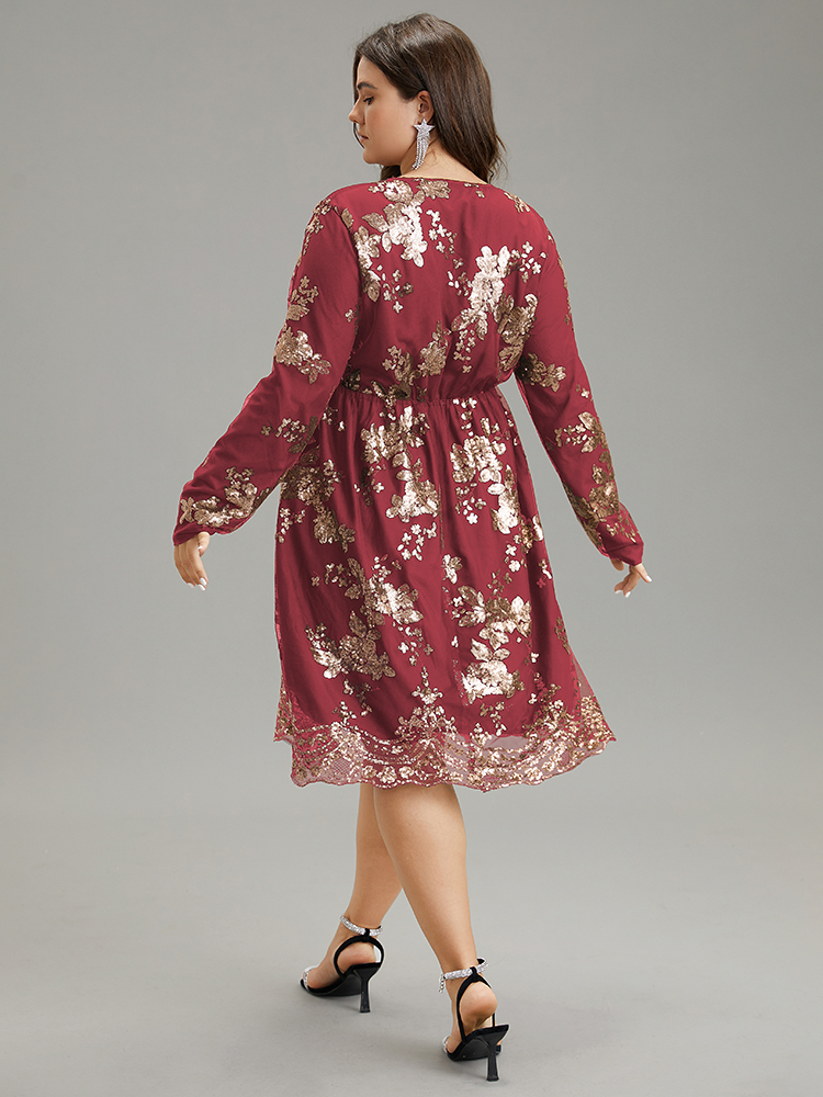 Plus Size Floral Sequin Elastic Waist Mesh Wrap Dress Scarlet Women Party Sequin Overlap Collar Long Sleeve Curvy Midi Dress BloomChic 18-20/2X 