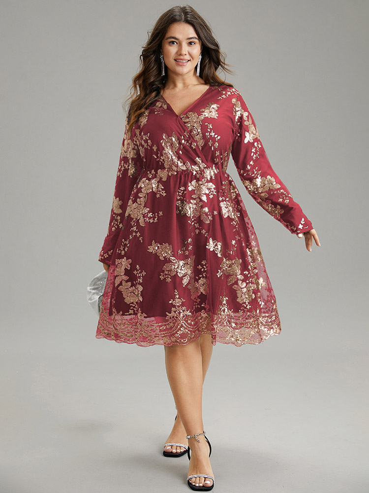 Plus Size Floral Sequin Elastic Waist Mesh Wrap Dress Scarlet Women Party Sequin Overlap Collar Long Sleeve Curvy Midi Dress BloomChic 18-20/2X 