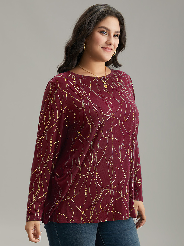 Plus Size Polka Dot Contrast Round Neck T-shirt Burgundy Women Casual Contrast Polka Dot Round Neck Dailywear T-shirts BloomChic 22-24/3X 
