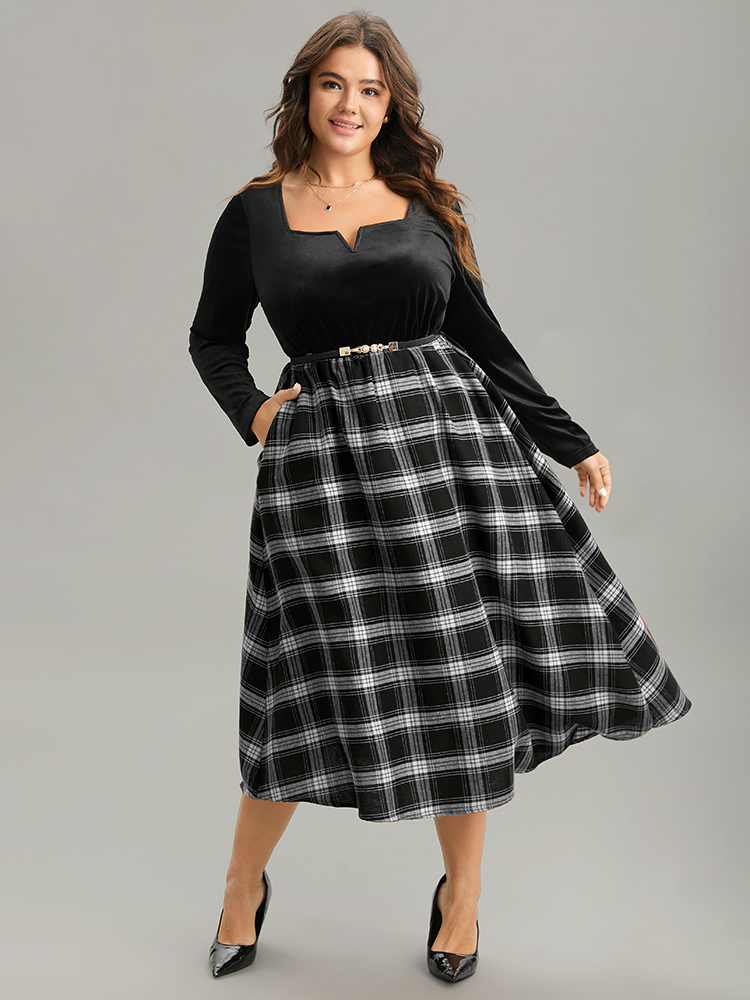 

Plus Size Christmas Plaid Velvet Belted Contrast Notched Dress White Women At the Office Velvet Notched collar Long Sleeve Curvy Midi Dress BloomChic