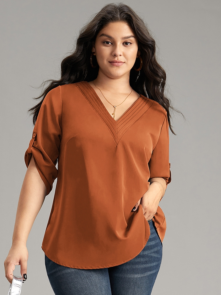 

Plus Size Chocolate V Neck Plain Pleated Tab Sleeve Blouse Women At the Office Elbow-length sleeve V-neck Work Blouses BloomChic