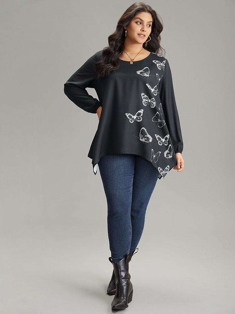 

Plus Size Black Butterfly Crew Neck Lantern Sleeve Hanky Hem Blouse Women Elegant Long Sleeve Round Neck Work Blouses BloomChic