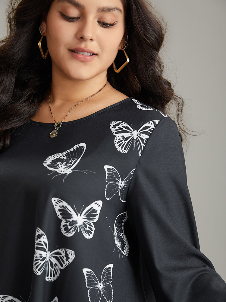 Plus Size Black Butterfly Crew Neck Lantern Sleeve Hanky Hem Blouse Women Elegant Long Sleeve Round Neck Work Blouses BloomChic 22-24/3X 
