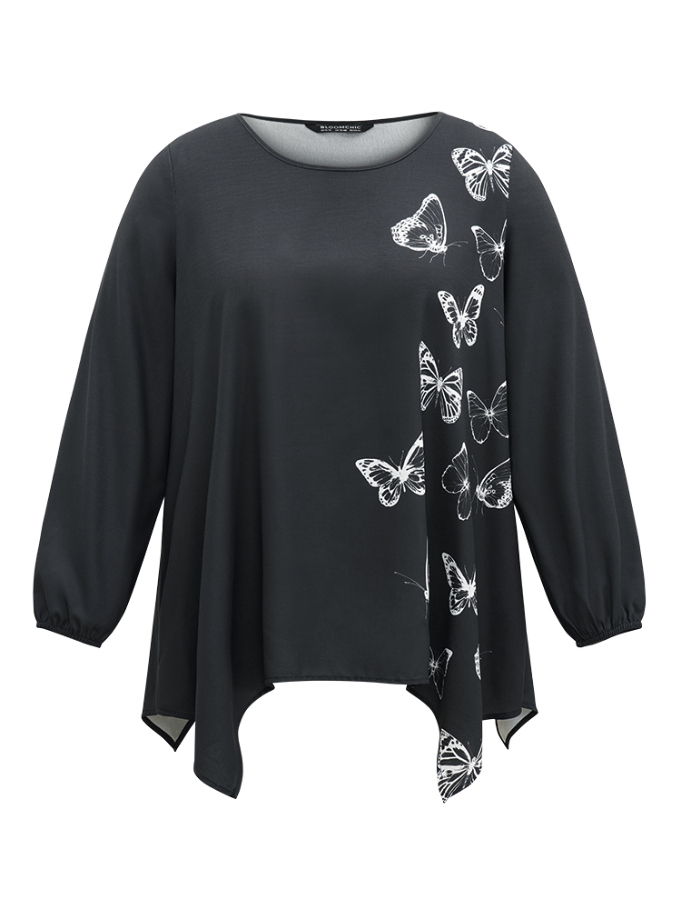 Plus Size Black Butterfly Crew Neck Lantern Sleeve Hanky Hem Blouse Women Elegant Long Sleeve Round Neck Work Blouses BloomChic 22-24/3X 