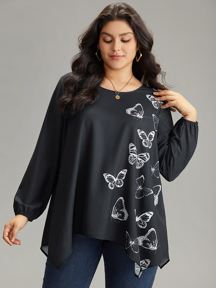 Plus Size Black Butterfly Crew Neck Lantern Sleeve Hanky Hem Blouse Women Elegant Long Sleeve Round Neck Work Blouses BloomChic 22-24/3X 