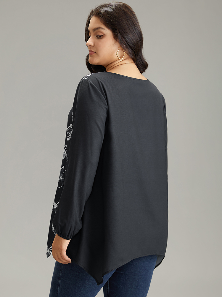 Plus Size Black Butterfly Crew Neck Lantern Sleeve Hanky Hem Blouse Women Elegant Long Sleeve Round Neck Work Blouses BloomChic 22-24/3X 
