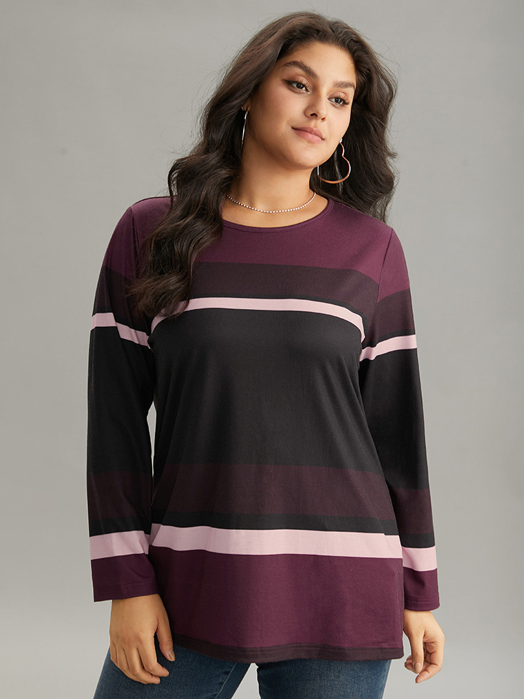 

Plus Size Striped Colorblock Contrast Round Neck T-shirt Multicolor Women Casual Printed Colorblock Round Neck Dailywear T-shirts BloomChic