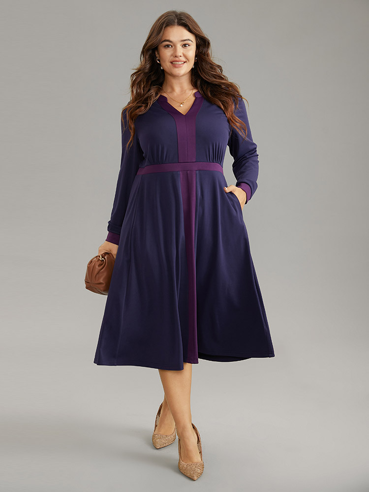 

Plus Size Contrast Notched Gathered Elastic Waist Dress DarkBlue Women At the Office Contrast Notched collar Long Sleeve Curvy Midi Dress BloomChic