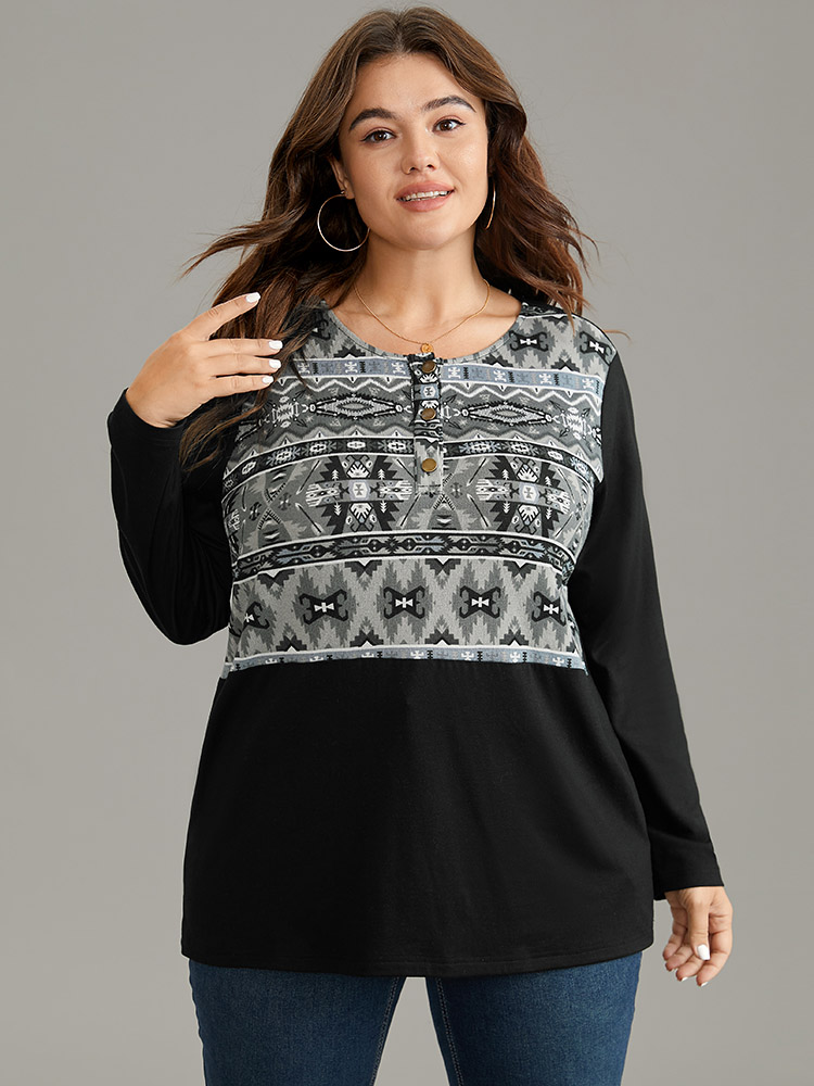 Plus Size Women Dailywear Bohemian Print Patchwork Regular Sleeve Long Sleeve Round Neck Casual T-shirts BloomChic 
