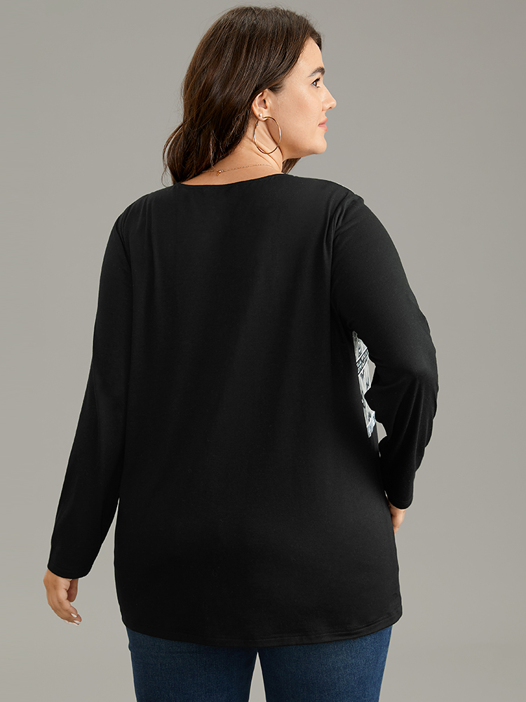 

Plus Size Boho Print Patchwork Button Up T-shirt Black Women Casual Patchwork Bohemian Print Round Neck Dailywear T-shirts BloomChic