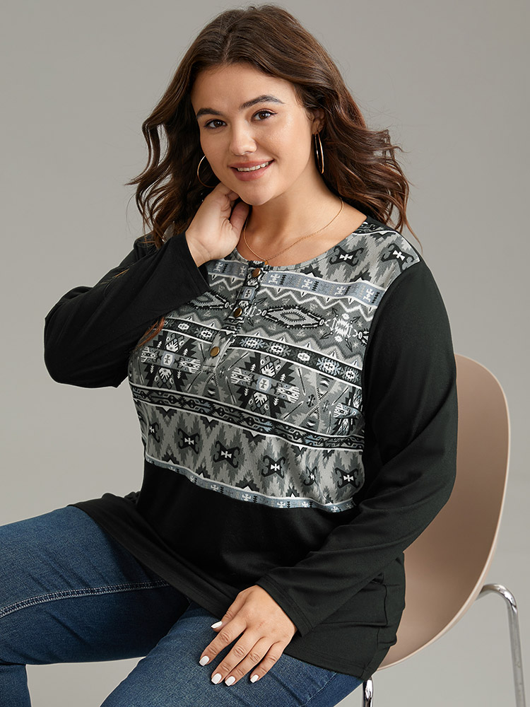 Plus Size Women Dailywear Bohemian Print Patchwork Regular Sleeve Long Sleeve Round Neck Casual T-shirts BloomChic 