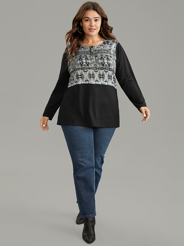 Plus Size Women Dailywear Bohemian Print Patchwork Regular Sleeve Long Sleeve Round Neck Casual T-shirts BloomChic 