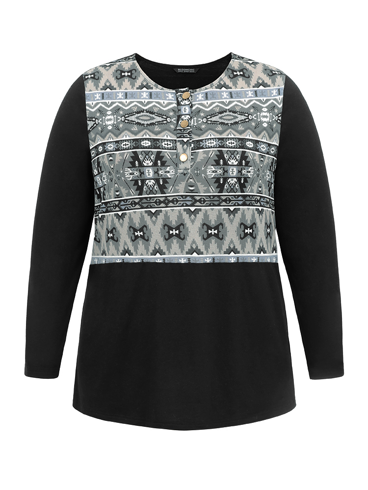 Plus Size Women Dailywear Bohemian Print Patchwork Regular Sleeve Long Sleeve Round Neck Casual T-shirts BloomChic 