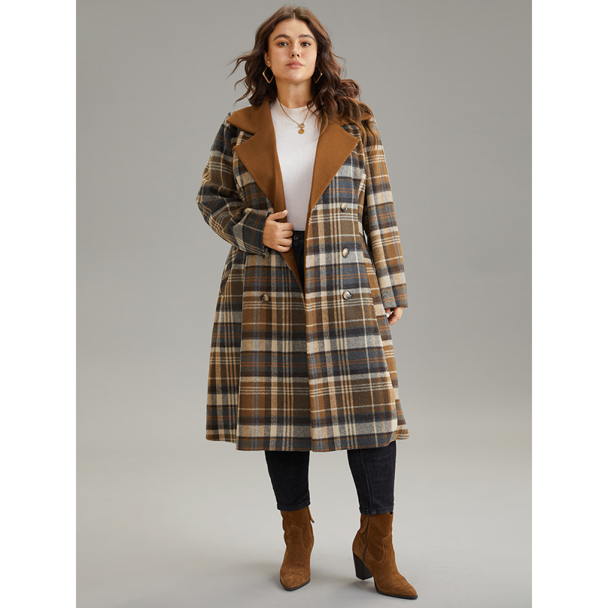 

Plus Size Plaid Belted Contrast Lapel Collar Trench Coat Women Bronze Dailywear Lined Plaid  Pocket Belt Elegant Trench Coats BloomChic
