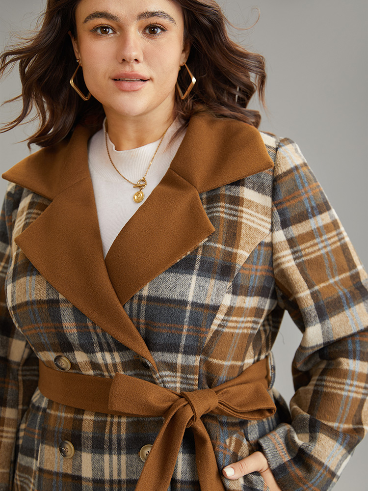 

Plus Size Plaid Belted Contrast Lapel Collar Trench Coat Women Bronze Elegant Lined Ladies Dailywear Winter Coats BloomChic