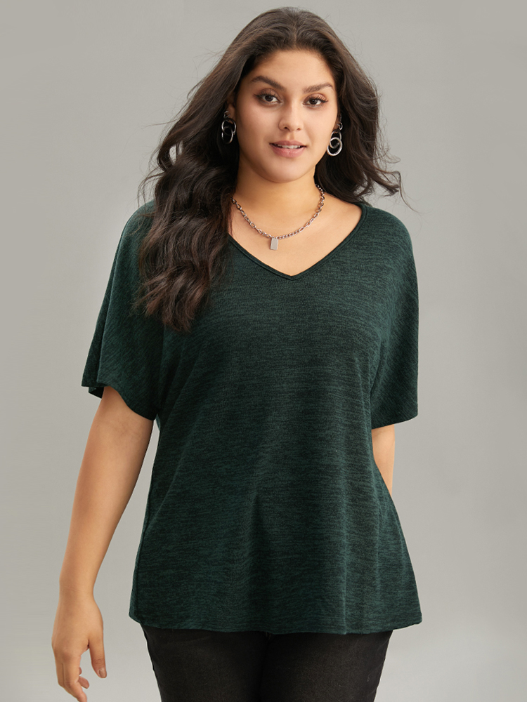 

Plus Size Solid Heather V Neck Dolman Sleeve T-shirt DarkGreen Women Casual Plain Plain V-neck Everyday T-shirts BloomChic