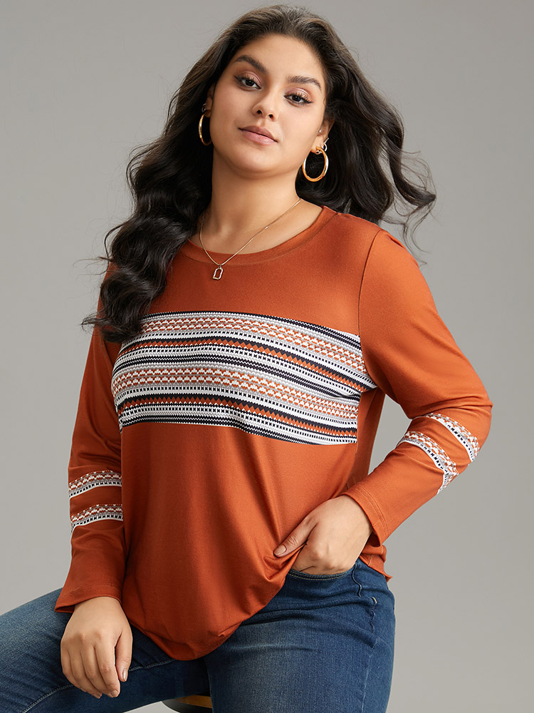 Plus Size Boho Print Patchwork Crew Neck T-shirt OrangeRed Women Casual Printed Bohemian Print Round Neck Dailywear T-shirts BloomChic 18-20/2X 