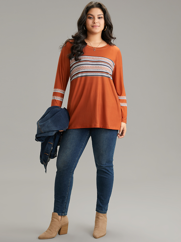 Plus Size Boho Print Patchwork Crew Neck T-shirt OrangeRed Women Casual Printed Bohemian Print Round Neck Dailywear T-shirts BloomChic 18-20/2X 