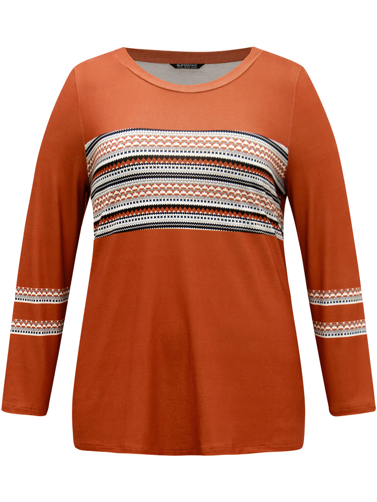 Plus Size Boho Print Patchwork Crew Neck T-shirt OrangeRed Women Casual Printed Bohemian Print Round Neck Dailywear T-shirts BloomChic 18-20/2X 